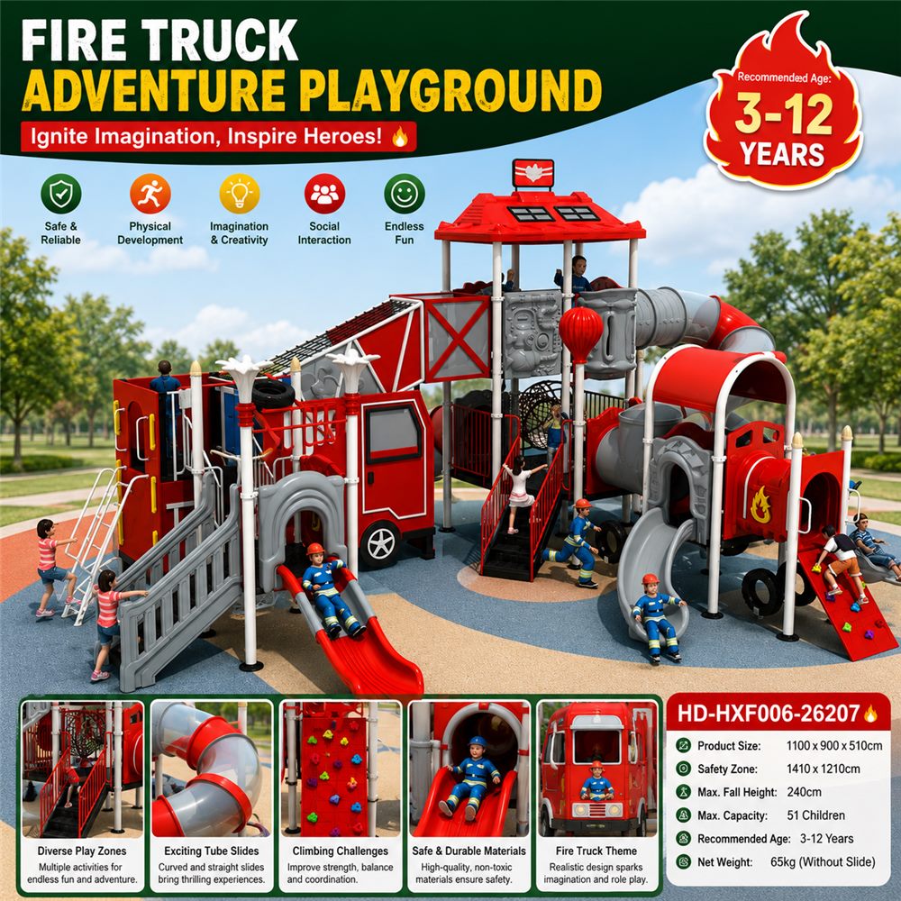 Fire-truck themed commercial outdoor playground concept