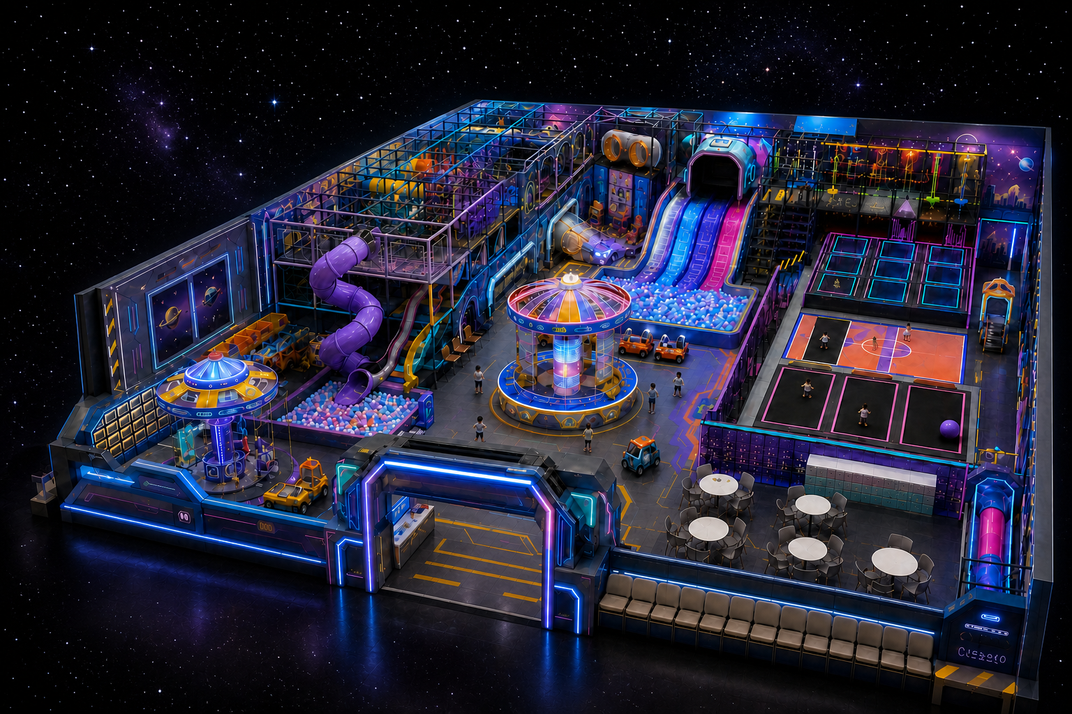 Space-themed custom FEC concept with indoor play, trampoline and family seating zones