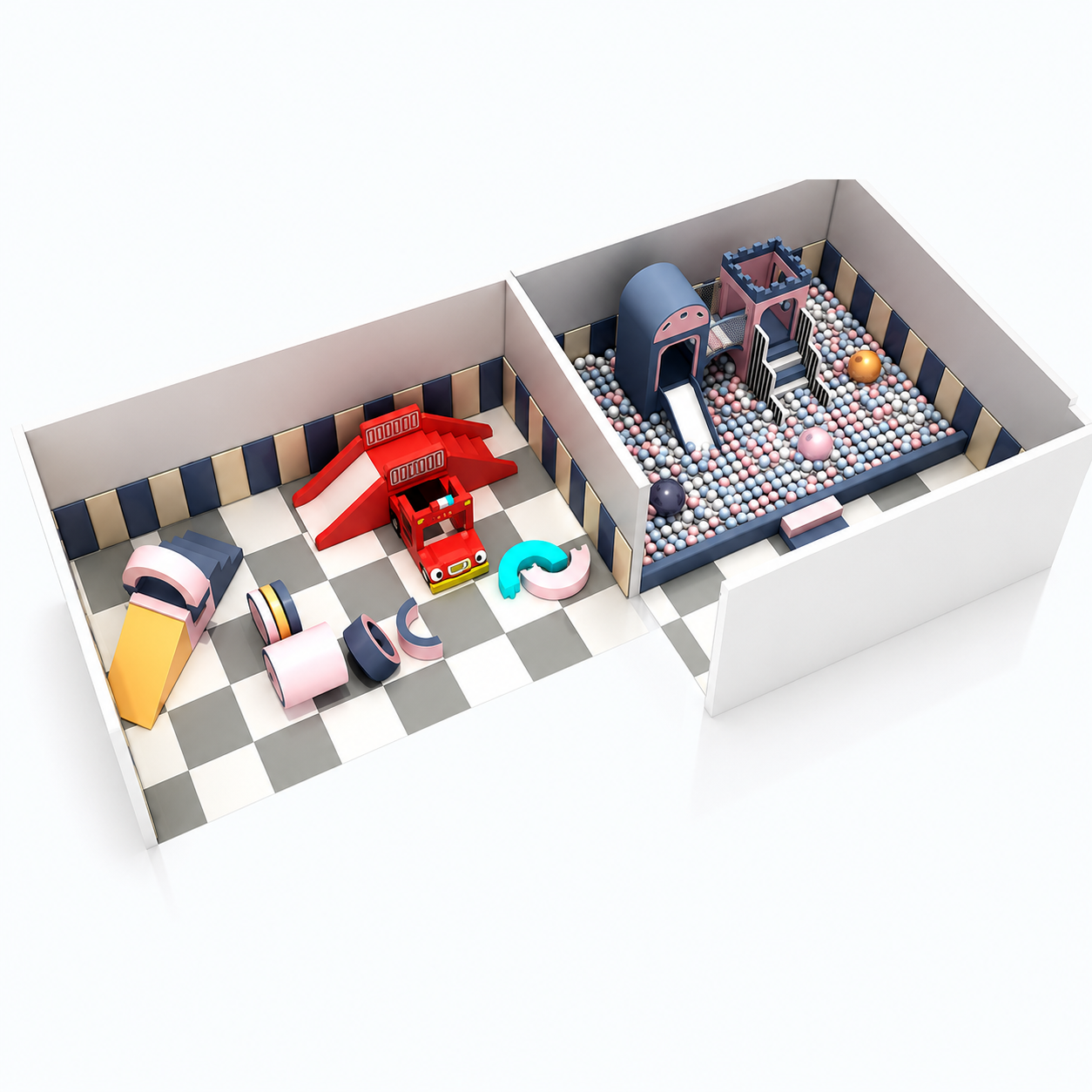 Custom toddler soft play layout with ball pool, low slides and movement play zones